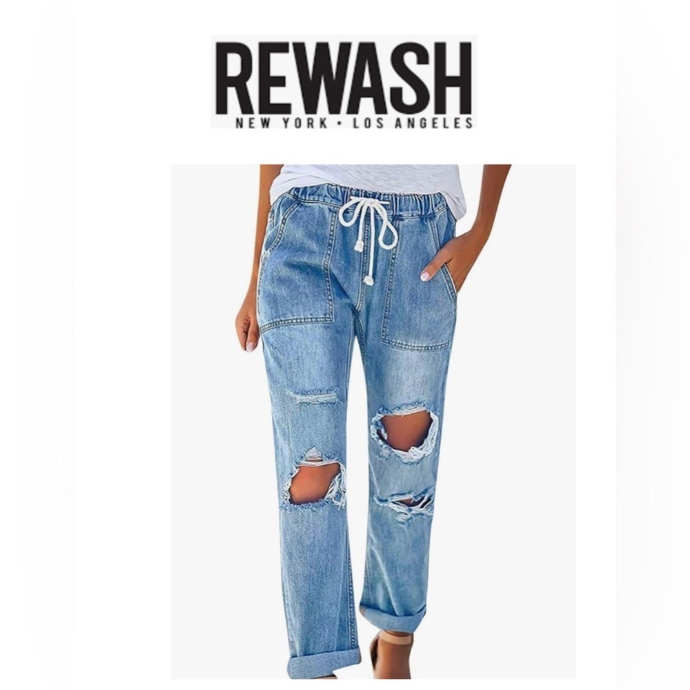 💥Rewash Blue Boyfriend Drawstring Elastic Waist RippedJeans S